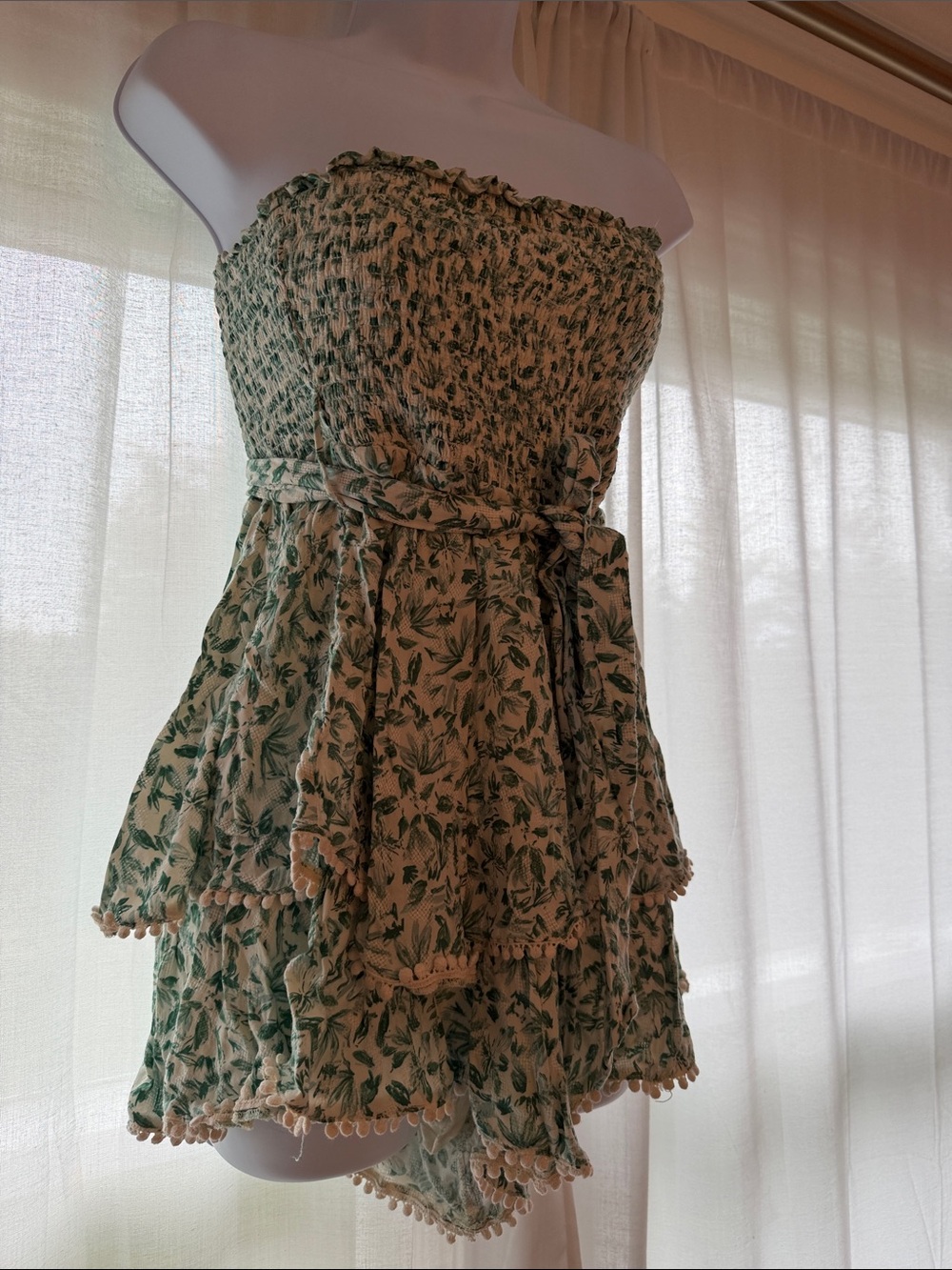 Strapless Green Leaf Print Mini Romper Size L